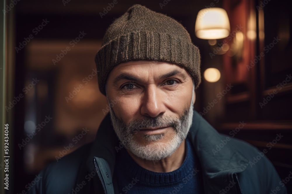 Portrait of a bearded man in a knitted hat and jacket.