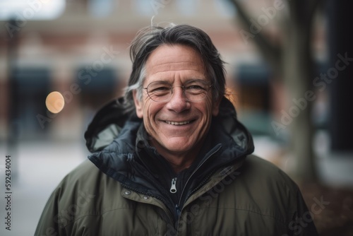 Portrait of a senior man smiling outdoors in a cold winter day