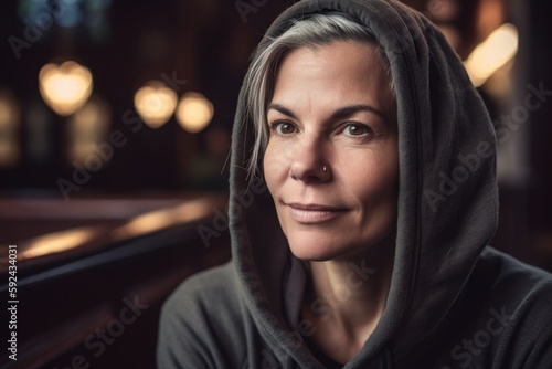 Portrait of a young woman with hood in a church. Selective focus.