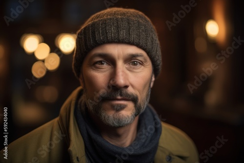 Portrait of a man in a hat and a coat in a cafe