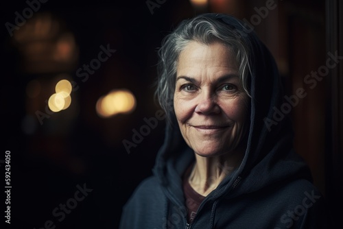 Portrait of a senior woman with grey hair, wearing a hoodie.