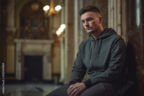 Handsome young man in a green hoodie sitting in a church
