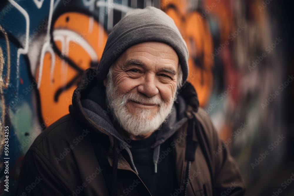 Portrait of senior man with gray beard and gray hair in a city street. He is looking at camera and smiling. Portrait of senior man with gray beard and gray hair in a city street. He is looking at camera and smiling.