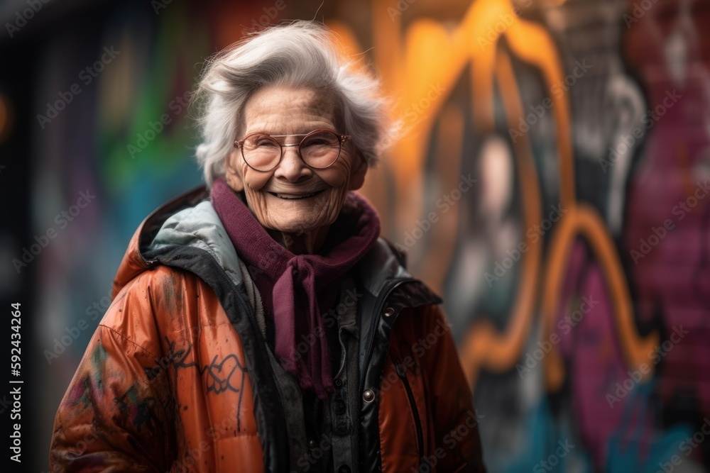 Portrait of an elderly woman in front of a graffiti wall.