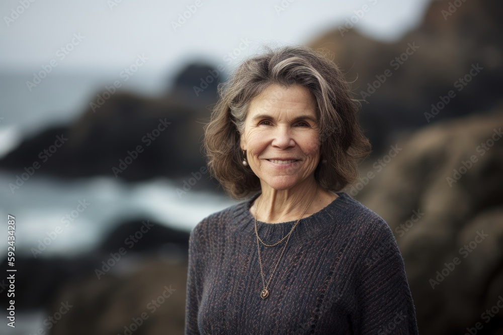 Portrait of smiling mature woman standing in front of rocks at beach Portrait of smiling mature woman standing in front of rocks at beach