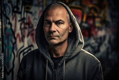 Portrait of a middle-aged man in a hood over graffiti background. © Robert MEYNER