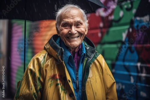 Lifestyle portrait photography of a grinning man in his 80s wearing a vibrant raincoat against a graffiti background. Generative AI © Robert MEYNER