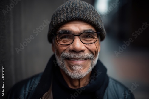 Portrait of a smiling senior man with hat and glasses in the city © Robert MEYNER