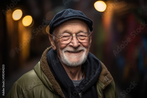 Portrait of an old man with glasses in the city at night