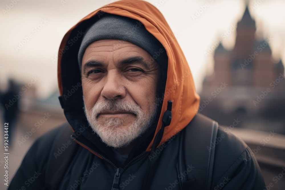Portrait of a senior man in a hood on the background of the Kremlin. Portrait of a senior man in a hood on the background of the Kremlin.