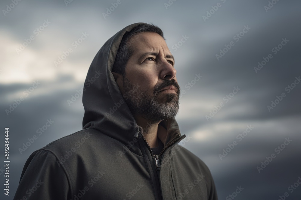 Portrait of a bearded man in a hood against a cloudy sky Portrait of a bearded man in a hood against a cloudy sky