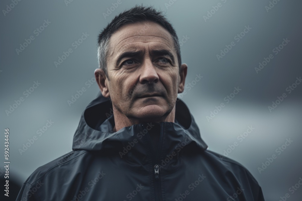Portrait of a senior man in a raincoat on a foggy day