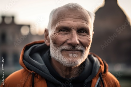 Portrait of an old man with a gray beard in an orange jacket © Robert MEYNER