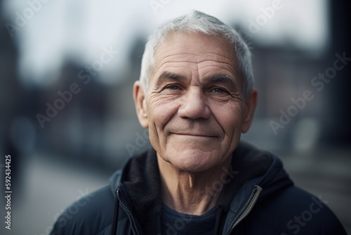 Portrait of a senior man with grey hair on a city street