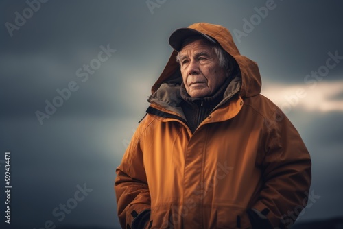Senior man in a yellow jacket and cap stands on a background of stormy sky