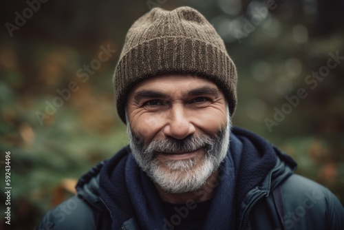Portrait of a senior man in a knitted hat in the autumn forest © Robert MEYNER