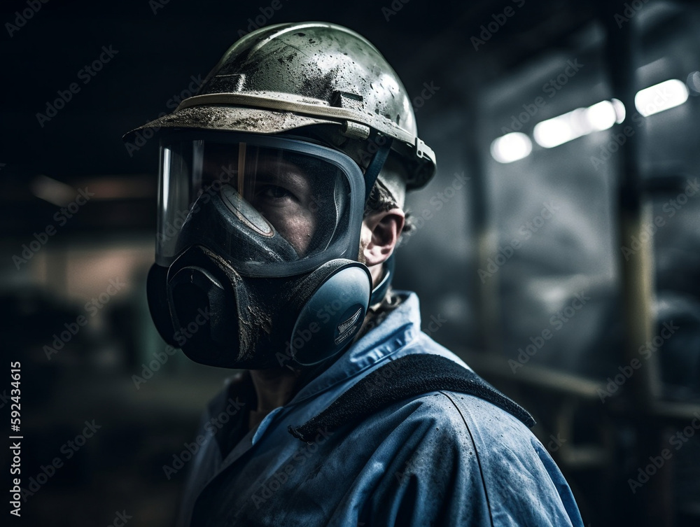 Man wearing a hazard suit and gas mask working with highly infectios diseases - Generative AI Man wearing a hazard suit and gas mask working with highly infectios diseases - Generative AI