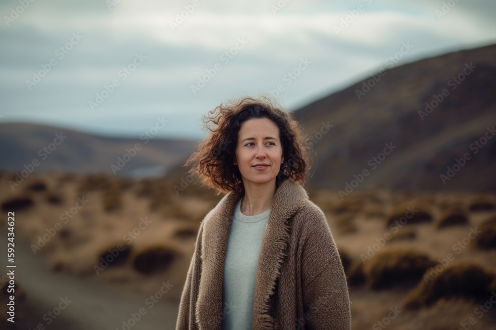 Portrait of a beautiful young woman with curly brown hair in the mountains.