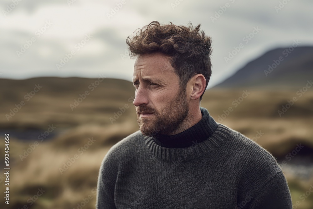 Portrait of a handsome young man with long curly hair and beard, wearing a grey sweater, standing outdoors on a cloudy day. Portrait of a handsome young man with long curly hair and beard, wearing a grey sweater, standing outdoors on a cloudy day.