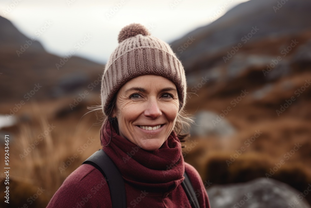 Portrait of a smiling woman with hat and backpack standing in the mountains Portrait of a smiling woman with hat and backpack standing in the mountains