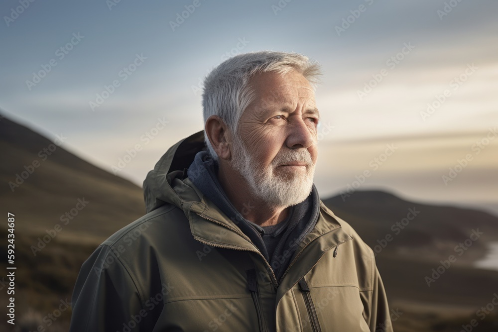 Portrait of a senior man with grey hair looking away while standing in nature Portrait of a senior man with grey hair looking away while standing in nature