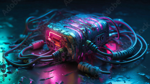 A neon colored plug with electronic wires