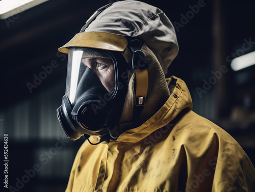 Man wearing a hazard suit and gas mask working with highly infectios diseases - Generative AI photo