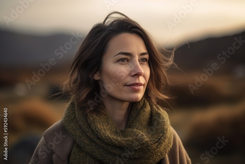 Lifestyle portrait photography of a pleased woman in her 30s wearing a cozy sweater against a windswept or dramatic landscape background. Generative AI