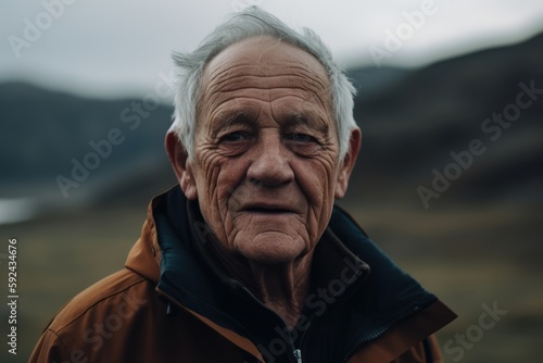 Portrait of an elderly man in a brown jacket on a background of mountains