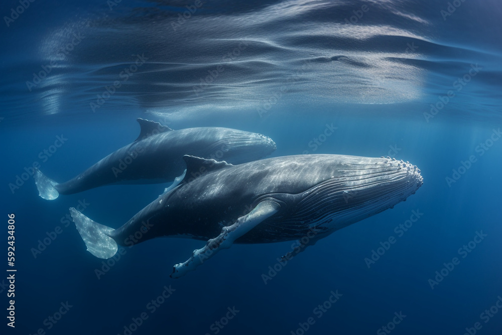 Fototapeta premium Blue whale diving in deep blue ocean - Generative AI