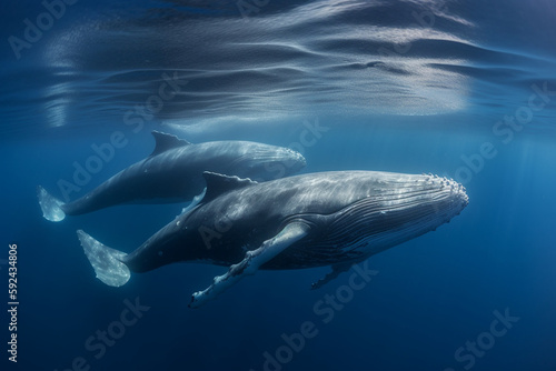 Blue whale diving in deep blue ocean - Generative AI