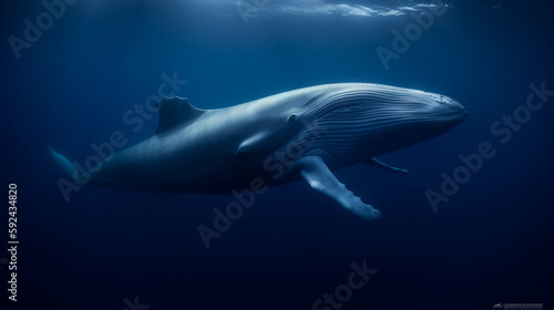 Blue whale diving in deep blue ocean - Generative AI