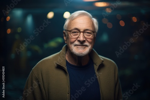 Portrait of a senior man with grey hair wearing glasses in the city at night