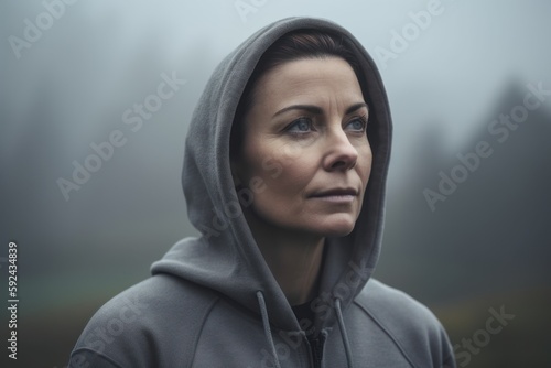 Portrait of a woman in a gray hooded sweatshirt.