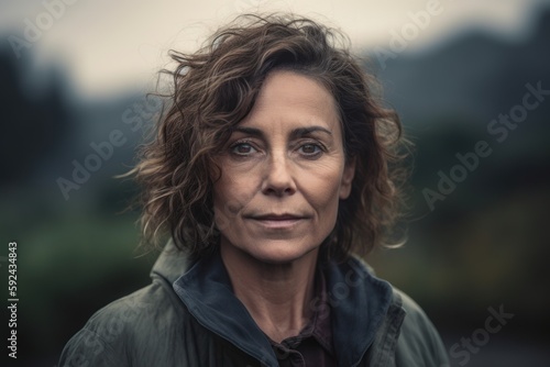 Portrait of a beautiful middle-aged woman with curly hair outdoors