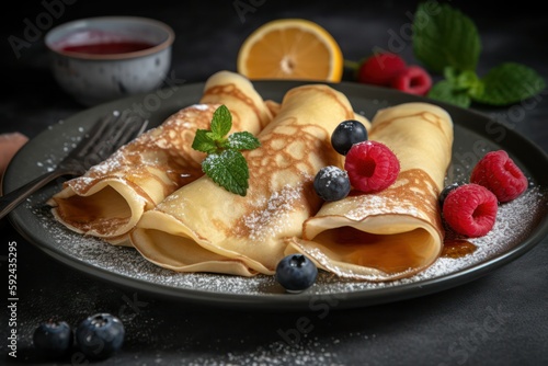 pancakes with fresh berries sprinkled with powdered sugar. Generative AI
