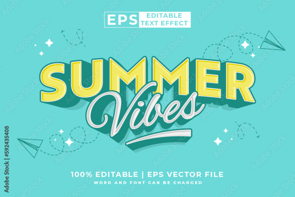 Editable text effect summer vibes 3d Cartoon template style premium vector - obrazy, fototapety, plakaty 