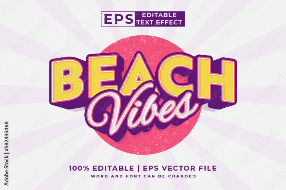 Editable text effect beach vibes 3d retro template style premium vector