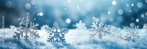 decorative winter background with snow and snowflakes .Christmas wallpaper. Generative AI © Margo_Alexa