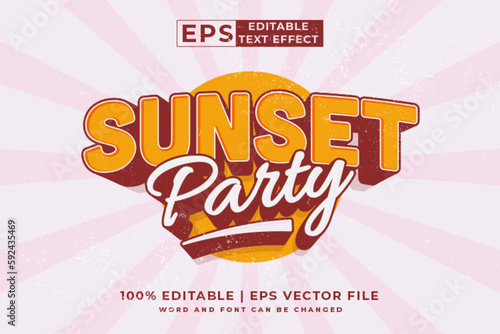 Editable text effect sunset party 3d retro template style premium vector