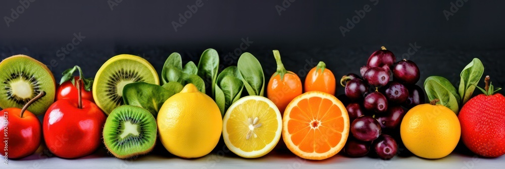 Panoramic background with assortment of fresh organic fruits and vegetables in rainbow colors. Generative AI Panoramic background with assortment of fresh organic fruits and vegetables in rainbow colors. Generative AI