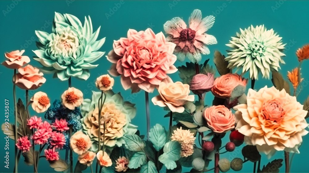 Various flowers from pastel colors against blue background
