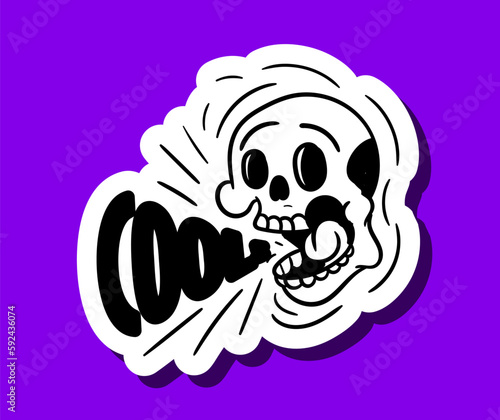 Skull sticker black and white. Head of skeleton with inscription cool in retro gothic style. Graphic element for social networks and messengers. Cartoon flat vector illustration