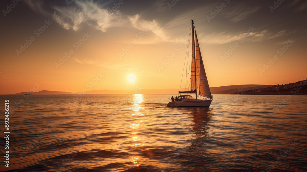 sailing yacht at sea against the backdrop of the setting sun. generative AI