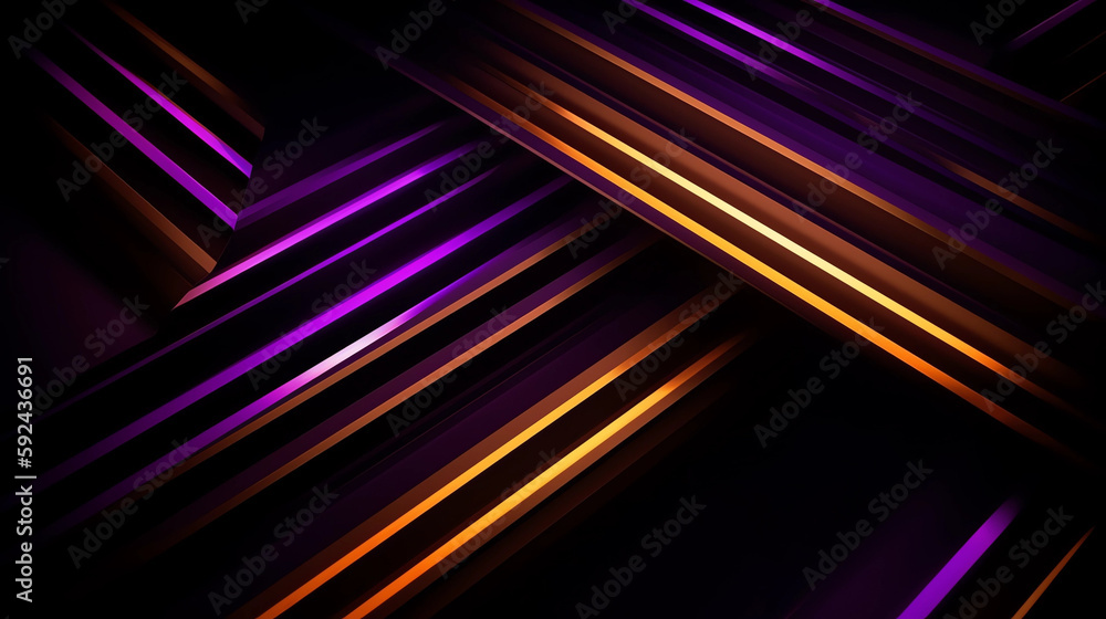 An abstract glowing neon orange and purple diagonal line lights on a black background. A.I. generated. An abstract glowing neon orange and purple diagonal line lights on a black background. A.I. generated.