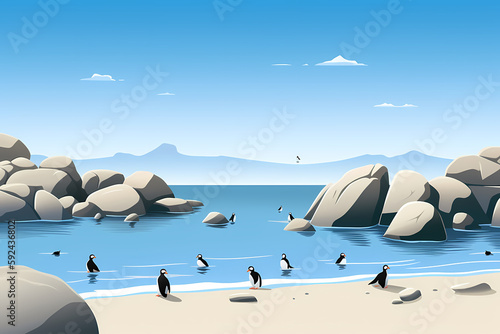 minimalist poster-style artwork of Boulders Beach in South Africa, highlighting the unique landscape of the boulders and the crystal-clear blue water of the beach featuring penguins