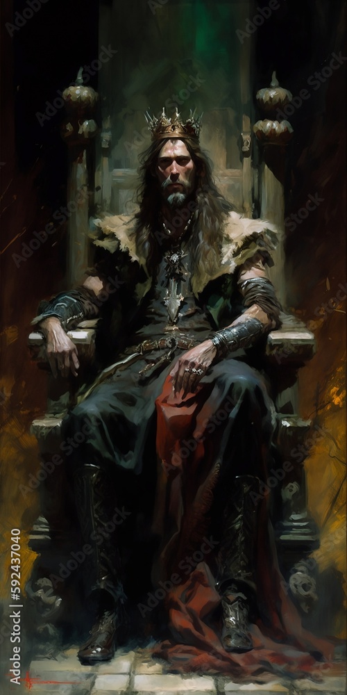 Beautiful Impressionist painting of a dark dramatic villainous medieval king character, Generative AI