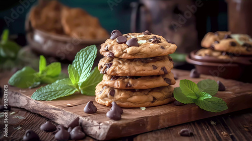 Chocolate chip cookies on a wooden display board with mint for dessert.  Food photography concept. 