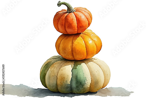 Three pumpkins stacked on top of each other isolated on white Generative AI