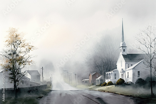 A foggy morning looking down a rural street with a church  Generative AI photo